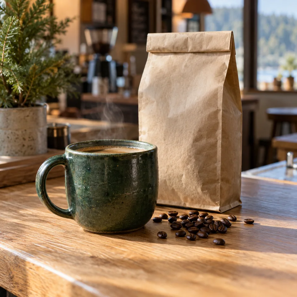 A green ceramic coffee cup beside a bag of beans on a sunlit café counter