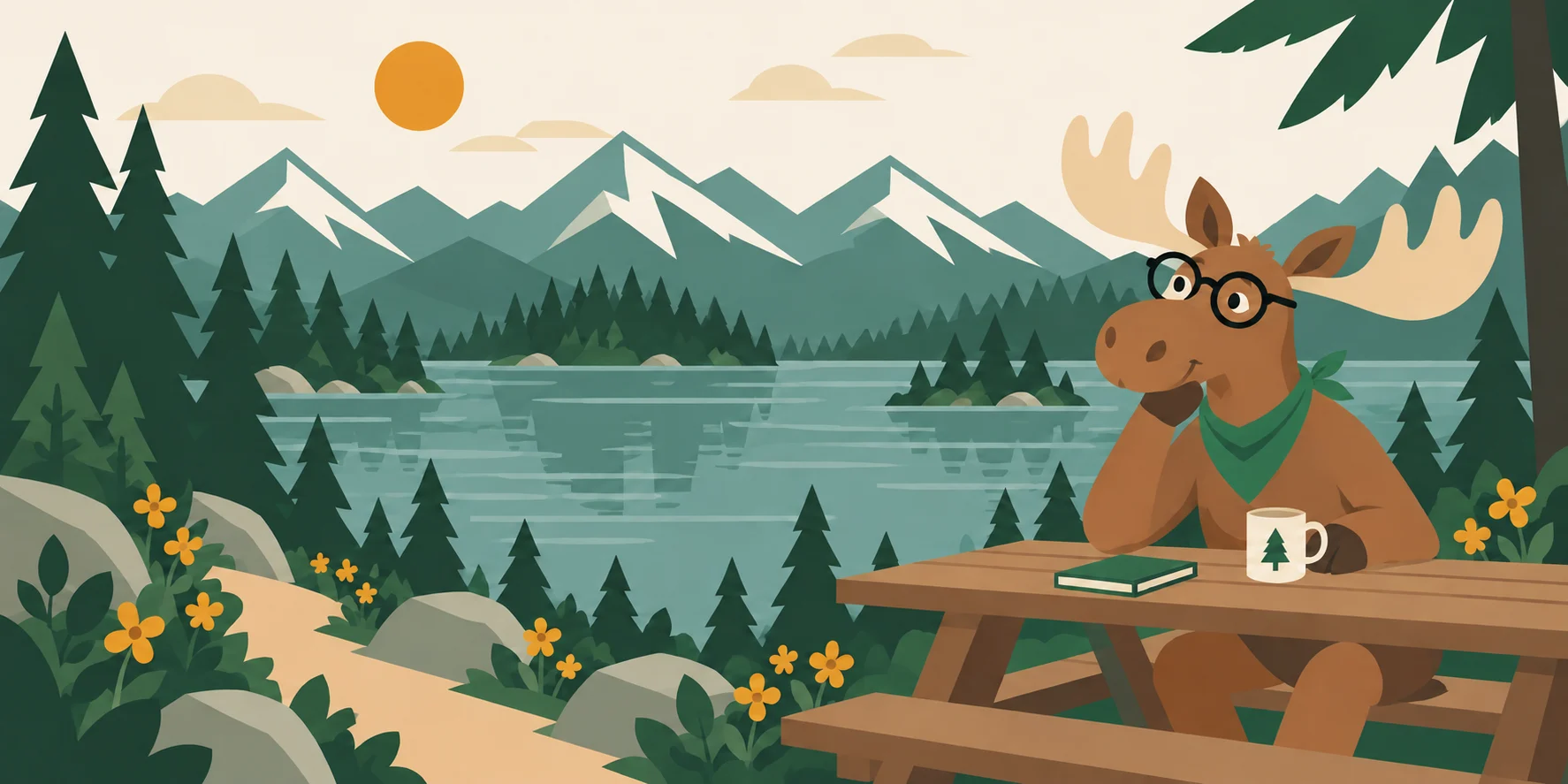 A graphic illustration of Moosen's moose enjoying a coffee break beside a Northwest mountain lake