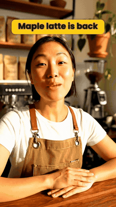 A coffee shop owner talking to the camera with word-by-word captions and a Maple latte is back title
