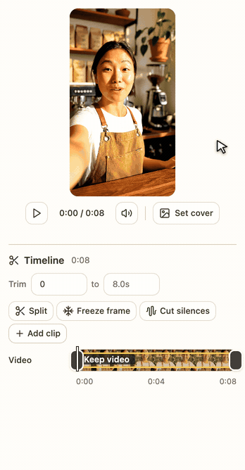 Splitting a clip, removing the opening, then adding a latte video with a crossfade and a photo in the Moosen video editor