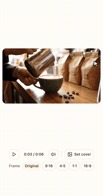 A latte video switching from landscape to 9:16, then to fit, then to square
